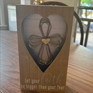Wooden Heart Cross Decor - Gold Wire Cross